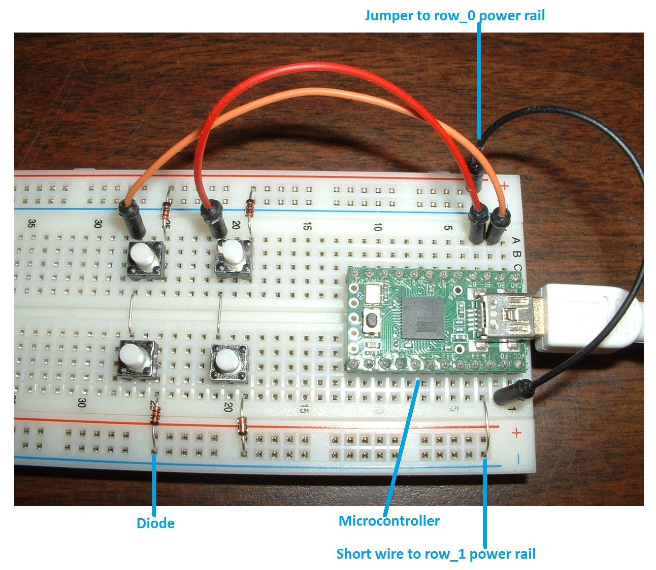 breadboard keyboard with 2 rows and 2 columns