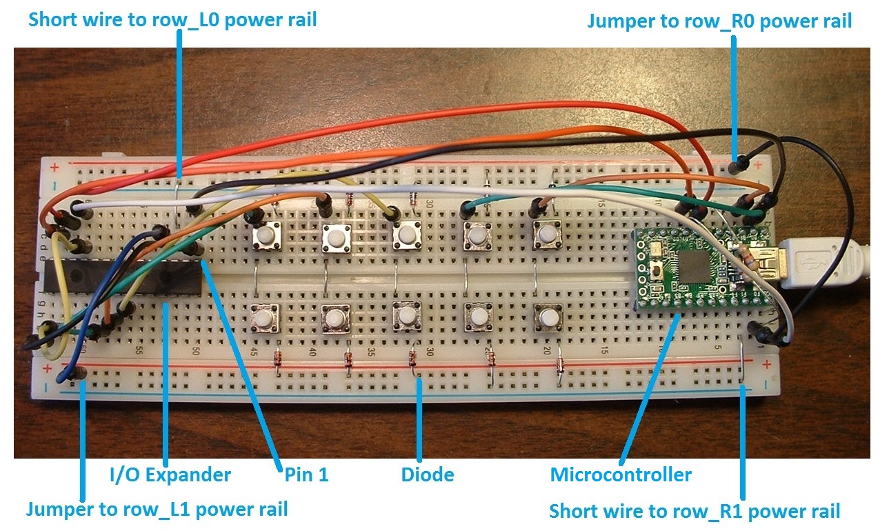 breadboard keyboard with 2 rows and 4 columns of keys